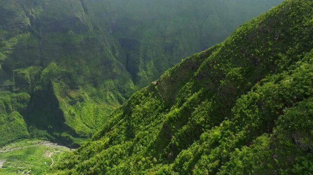 Aerial view of lush green mountains and deep valley in reunion island