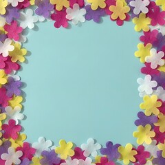 Obraz premium Spring flower confetti border on a light blue background 