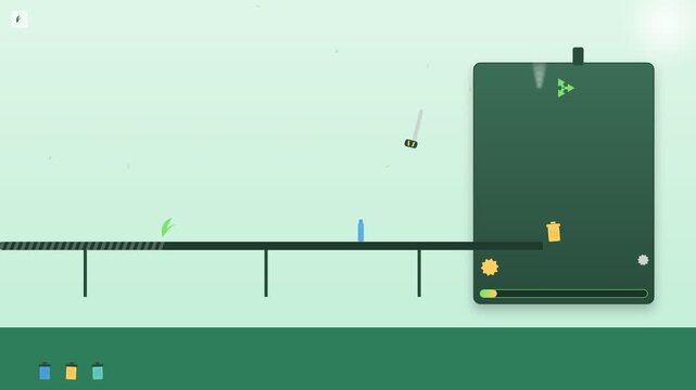Minimalist 2D animation of waste icons moving on a conveyor belt for recycling and environmental sorting, isolated on solid background