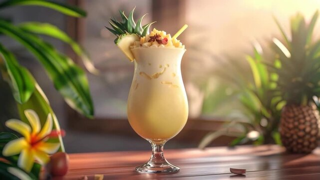 Creamy Tropical Pineapple Cocktail with Fruit Garnish in Hurricane Glass