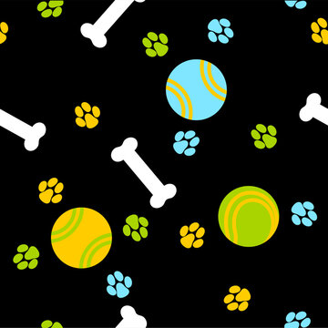 Balls, bones and dog paw prints, seamless vector pattern