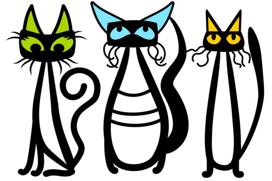 Stylized minimalist cats with multi-colored eyes, vector image