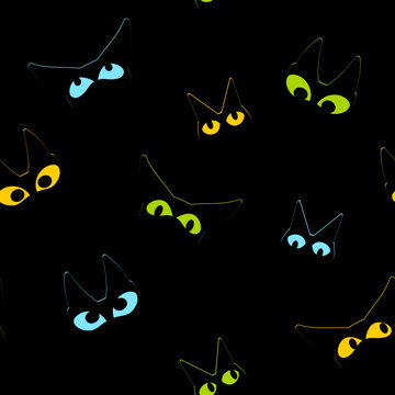 Multicolored cat eyes on a black background, seamless vector pattern