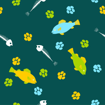 Fish, fish skeletons, and cat paw prints, seamless vector pattern
