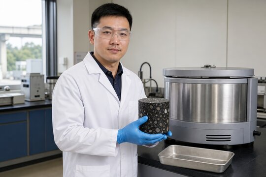 Asphalt binder extraction testing - a quality technician holding a pavement core beside an extractor