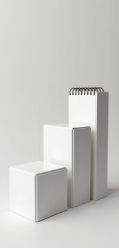 White blocks rise in three steps to a spiral notepad on top against a pale grey wall. Concept of annual report covers, business growth presentation slides, and investment fund advertising.