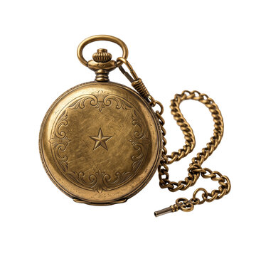 Antique gold pocket watch with ornate engraved case and star symbol attached to a matching metal chain vintage timepiece mechanical watch heirloom