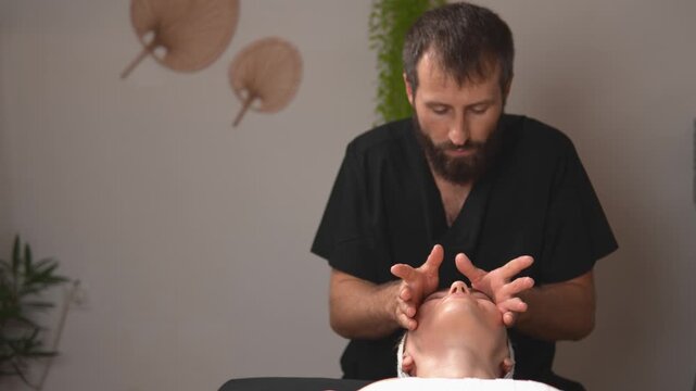 A client relaxes as a massage therapist cradles a woman's head while massaging her temples and facial muscles. This treatment shows tension release, mindful self care and wellness practice.