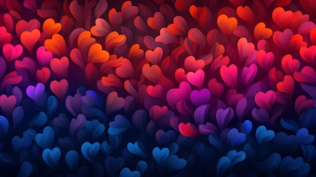 Abstract animation of heart shapes in a vibrant red to blue gradient