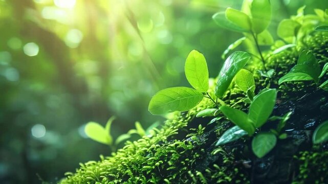 Close-up of New Green Sprouts Growing on Mossy Ground in Sunlight