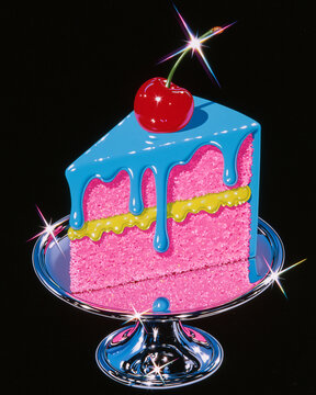 Pink layer cake slice with blue icing and cherry on silver stand scene