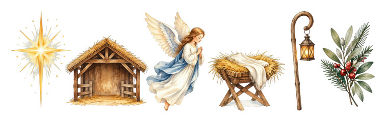 Obraz premium PNG Nativity collection with angel, manger, star, shepherd staff, holly