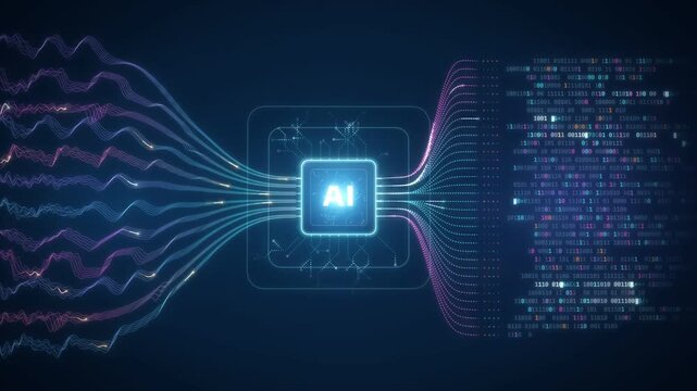 AI chip processing data streams into binary code, seamless loop on dark blue