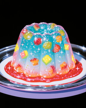 Translucent blue gelatin dessert with candy in retro airbrush style