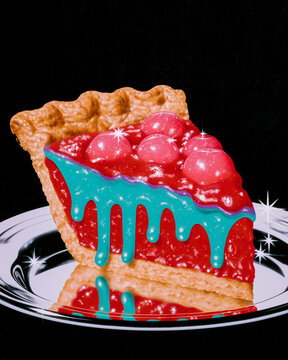 Cheesecake slice with turquoise icing in glossy retro airbrush style