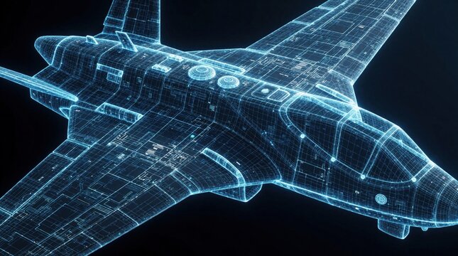 Futuristic military drone aircraft shows blue digital wireframe mesh design. Tactical electronic schematic represents advanced defense tech concept. Unmanned surveillance vehicle flies in dark space