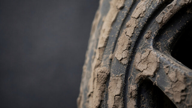 Macro dried mud splatter texture on matte black wheel rim for auto insurance