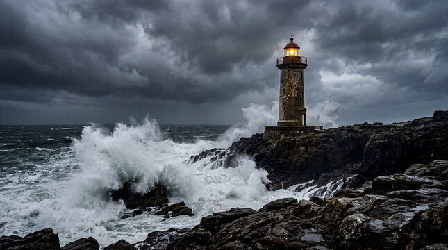 Lighthouse storm waves crashing rocks beacon lit dramatic maritime stock