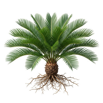 Ultra-realistic mature Coontie Palm (Zamia integrifolia), complete low-growing cycad with exposed roots, short stout trunk, dense symmetrical crown of glossy dark-green pinnate leaves