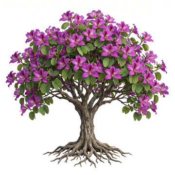 Mature Bauhinia Blakeana Hong Kong Orchid tree, rounded canopy with large purple-magenta orchid-like flowers and distinctive bilobed leaves, textured trunk and exposed roots