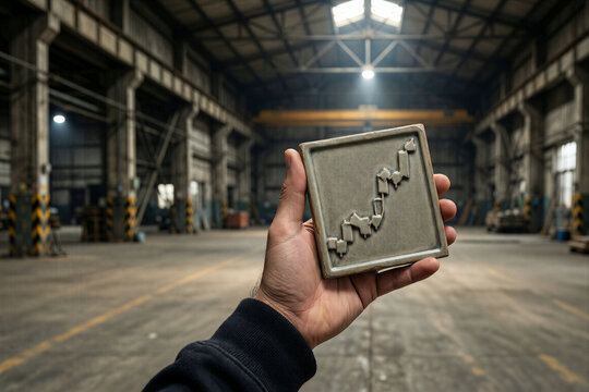 Man holding ceramic tile with stock market candlestick chart