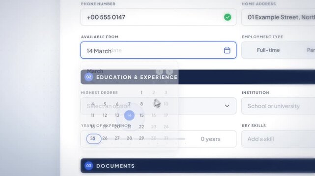 Online job application form filled out step by step, resume uploaded, submitted and confirmed as sent