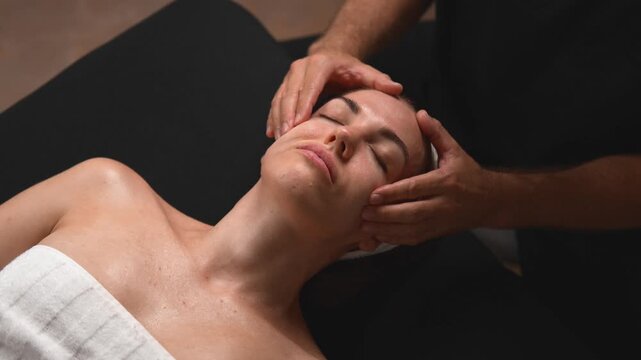 Video captures a massage therapist who applies focused finger pressure around a woman's forehead and brow. The scene conveys facial rejuvenation, relaxation and body care.