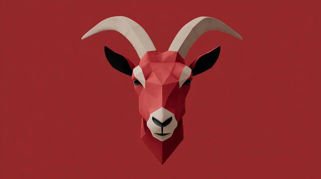 Abstract red goat head in polygonal style against plain red backdrop