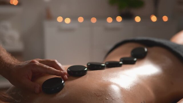 A massage therapist combines warm basalt stones with gentle hand massage on the back. The close side view presents holistic relaxation, muscle comfort and client comfort.