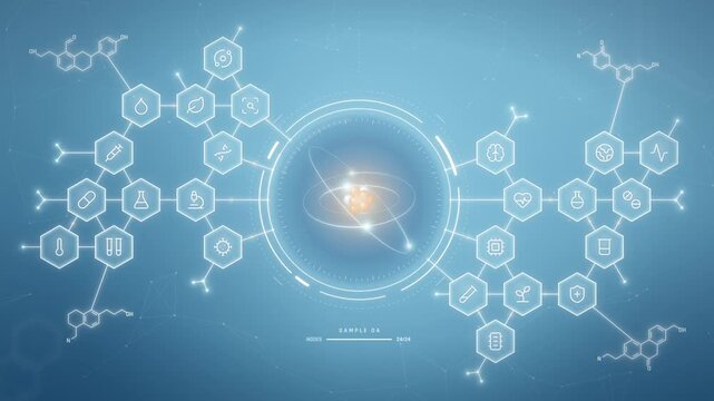Atom and molecular hexagon network with science icons expanding and contracting, seamless loop on blue