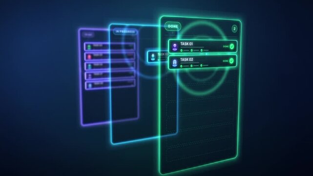 Neon holographic kanban board, tasks move to done across glowing 3D columns, then flatten into a sprint board