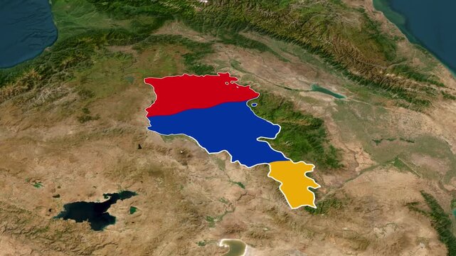 Animated Armenia Border Outline and Flag Reveal on Caucasus Satellite Map
