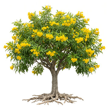 Mature Yellow Bells Tecoma tree, dense branching canopy covered with abundant bright yellow trumpet-shaped flowers and elongated green leaves, exposed roots, full tree visible,