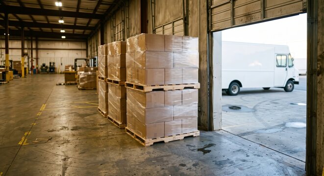 Stacked cardboard boxes on pallets in large warehouse