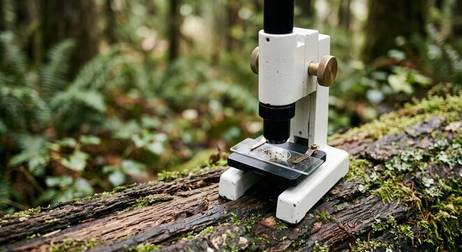 Microscope on mossy log in lush forest environment study