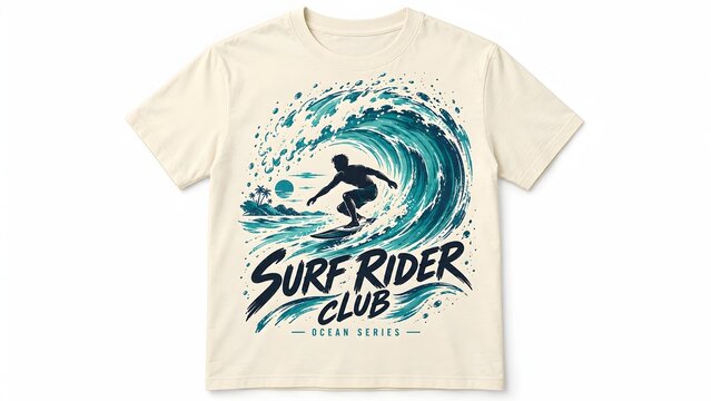 Silhouette of a surfer riding a large ocean wave with a tropical island and palm trees in the background graphic t shirt design with Surf Rider Club text.