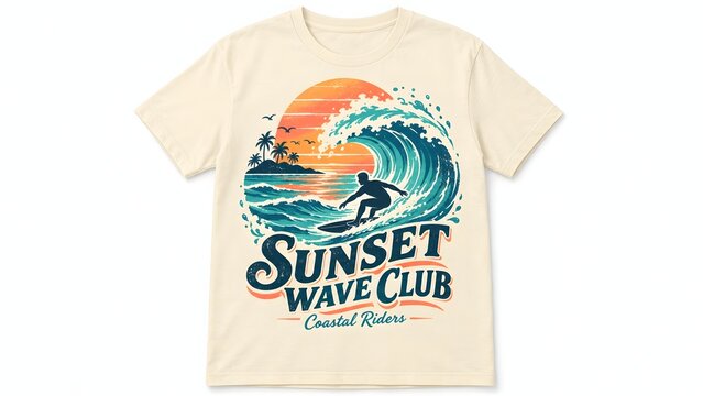 Retro graphic design of a surfer riding a large wave at sunset with palm trees and birds featuring the text Sunset Wave Club Coastal Riders on a t shirt.