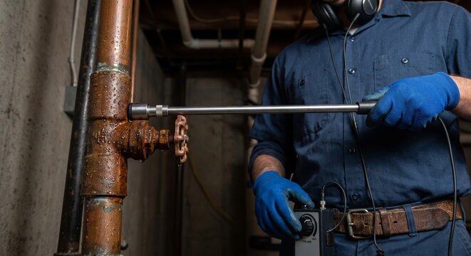 Plumber inspecting rusty water pipe in a dimly lit basement.