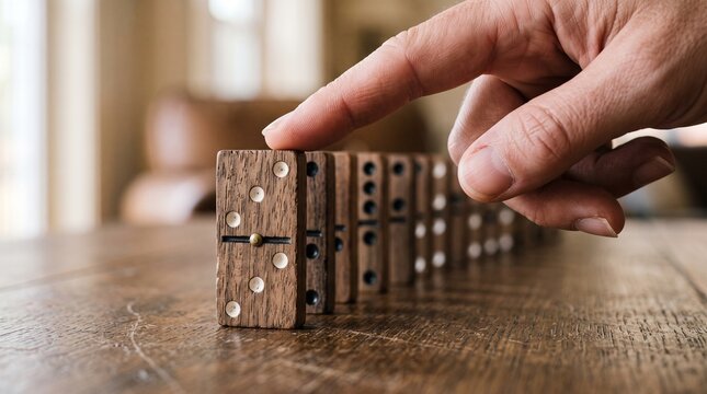 Finger about to push wooden dominoes lined up on a table causing a chain reaction