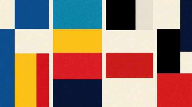 Abstract geometric illustration with colorful shapes. Three vertical panels feature red, blue, yellow, black, white rectangles. Minimalist composition uses bold color blocks, grid layout. Modern