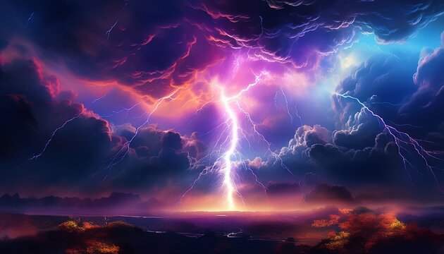 a powerful lightning bolt illuminates the dark clouds in the sky