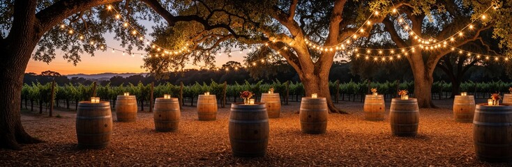 Naklejka premium Bohemian wedding reception in vineyard at sunset. Rustic wooden barrels serve as tables under large oak trees with warm string lights. Romantic outdoor celebration setting with cozy ambiance, glowing