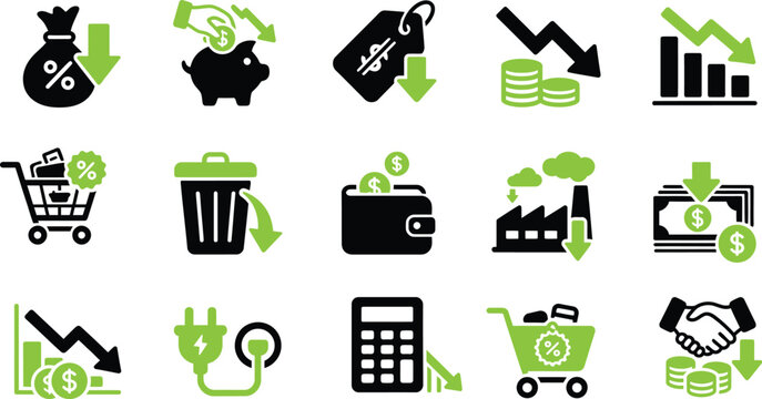 Cost reduction and financial savings vector icon set on white background