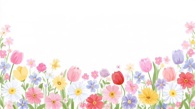 花を下部に並べた華やかなボタニカルフレーム背景イラスト
