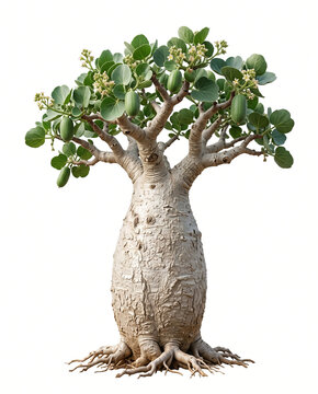 Ultra-realistic mature Cucumber Tree of Socotra (Dendrosicyos socotranus), bizarre bottle-shaped desert tree with massively swollen pale trunk, branching upper crown,