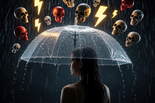 Young woman holds clear umbrella under heavy rain, dark storm. Floating skulls, lightning bolts fall from sky representing mental stress. Person seeks protection from anxiety, psychological pressure,