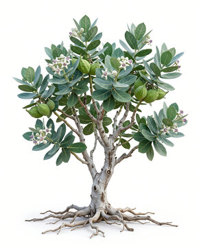 Ultra-realistic mature Aak or Sodom Apple (Calotropis procera) in tree-like form, woody branching desert plant with pale gray bark, large thick oval blue-green leaves