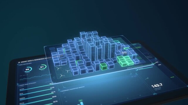 Smart grid energy management dashboard on a tablet with holographic 3D city blocks and wind turbines