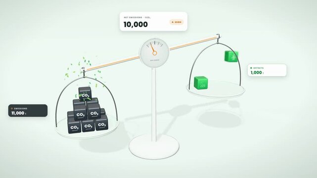 Net zero carbon balance scale animation, CO2 emission cubes offset by green renewable blocks