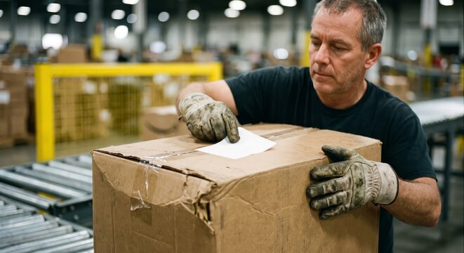 Warehouse worker labeling cardboard box on industrial conveyor belt